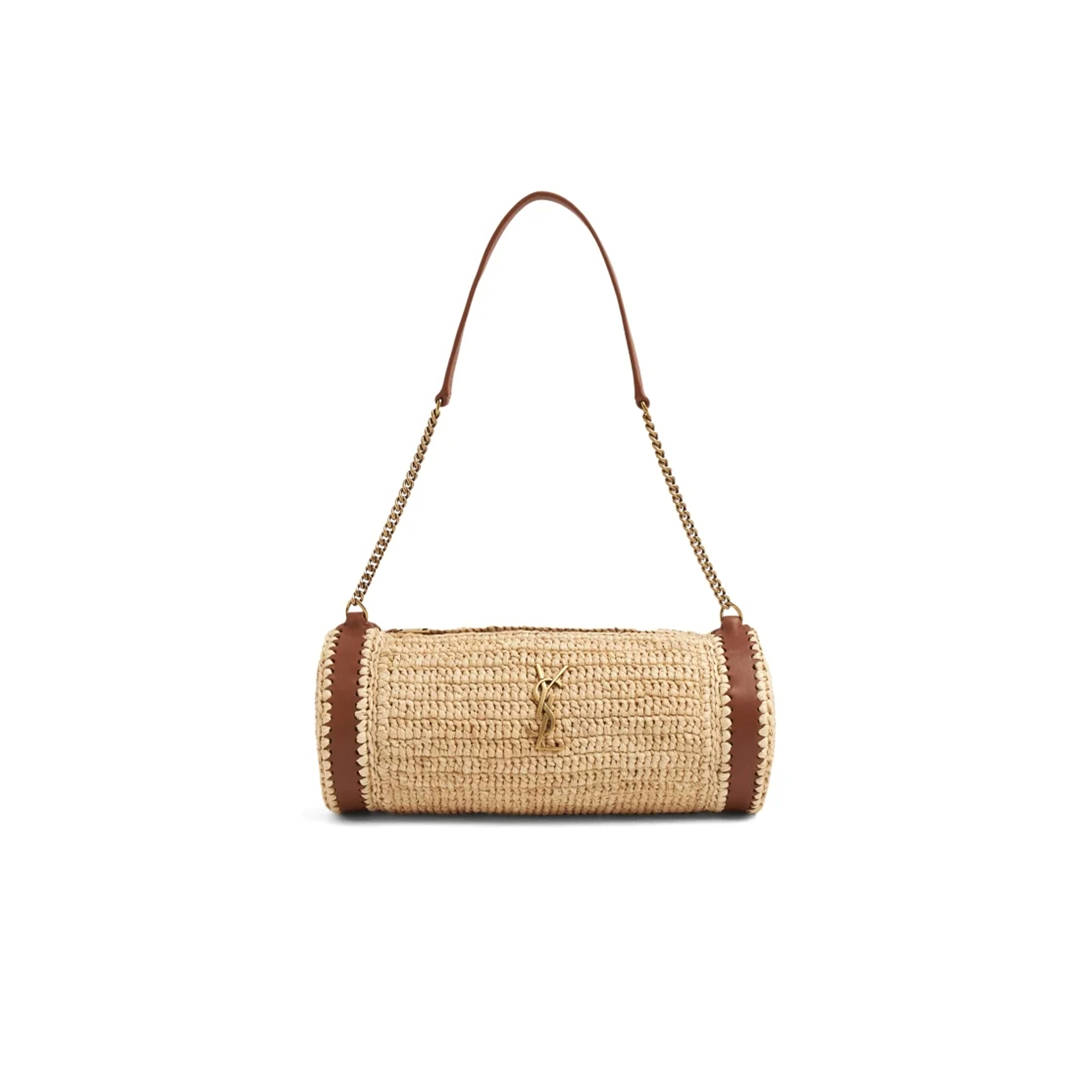 YSL CASSANDRE SMALL CYLINDRIC BAG IN RAFFIA AND VEGETABLE-TANNED LEATHER 744504GAABN2080 (24.5*11*11cm)